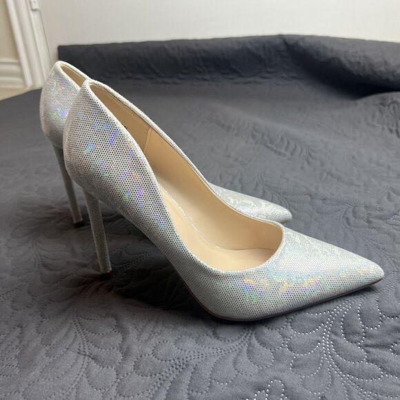 Anne Michelle Condition-63 Pointy-Toe Heel Silver Bling Pump US 7/EU37 Chic Cute - Picture 5 of 9